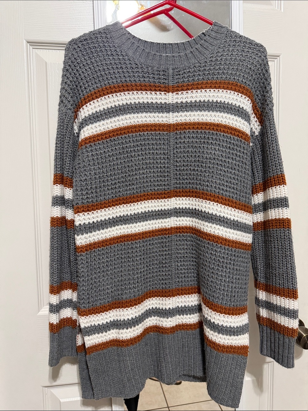 Arizona Jean Company Gray, White & Brown Striped Waffle Knit Sweater